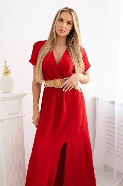 Kesi Włoski Dlouhé šaty s ozdobným páskem burgundsko