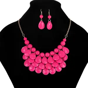 Fashionable Beach Style Acrylic Teardrop Dangle Earrings & Bib Necklaces Sets