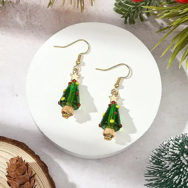 Christmas Handmade Lampwork Christmas Tree Dangle Earrings for Women