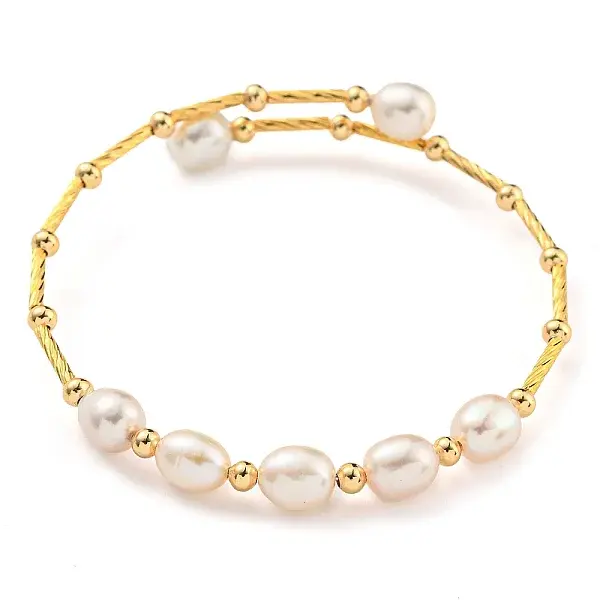 Brass & Natural Freshwater Pearl Beads Open Cuff Bangles for Women