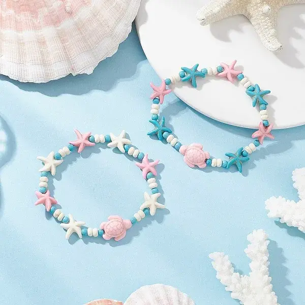 2Pcs Synthetic Turquoise Beads Stretch Bracelets