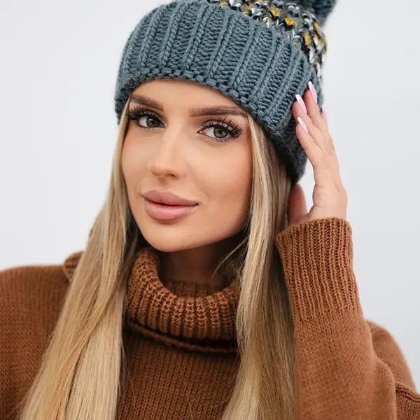 marka niezdefiniowana Dámská čepice Ellen s bambulí K325 tmavě šedá+žlutá