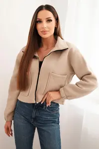 Bavlněná zateplená mikina se zipem světle béžová