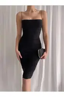 64500 Dewberry Thin Strap Draped Midi Evening Dress-BLACK