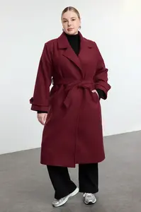 Trendyol Curve Claret Red Regular Fit Wide Collar Detailed Long Wool Blend Cashmere Coat