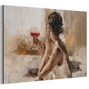 MuchoWow KOVOVÝ OBRAZ Olejomalba - Žena - Víno 90x60 cm