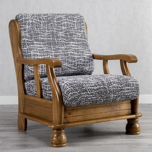 Bielastické potahy GRAFITI NOVÉ antracit křeslo s dřevěnými rukojeťmi (š. 40 - 70 cm)