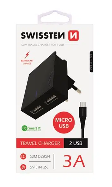SWISSTEN SÍŤOVÝ ADAPTÉR SMART IC 2x USB 3A POWER + DATOVÝ KABEL USB / MICRO USB 1,2 M, ČERNÁ