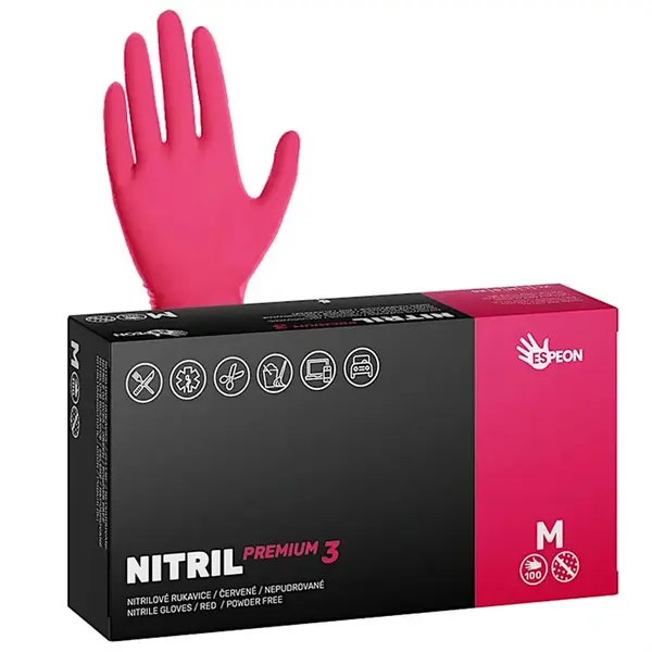 Silné nitrilové rukavice Espeon Nitril Premium 3 - 100 ks, červené, velikost M (100159) + dárek zdarma