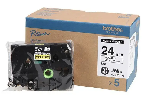Brother HGe-651, 24mm x 8m, 5ks, černý tisk / žlutý podklad, originální páska