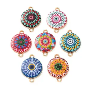 Printed Mandala Flower Alloy Enamel Flat Round Links Connector Charms