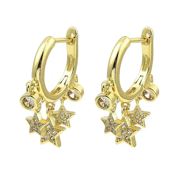 Rack Plating Brass Star Dangle Hoop Earrings with Cubic Zirconia