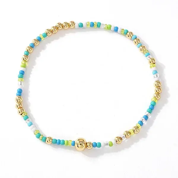 Round Brass & Glass Seed Beaded Stretch Bracelets