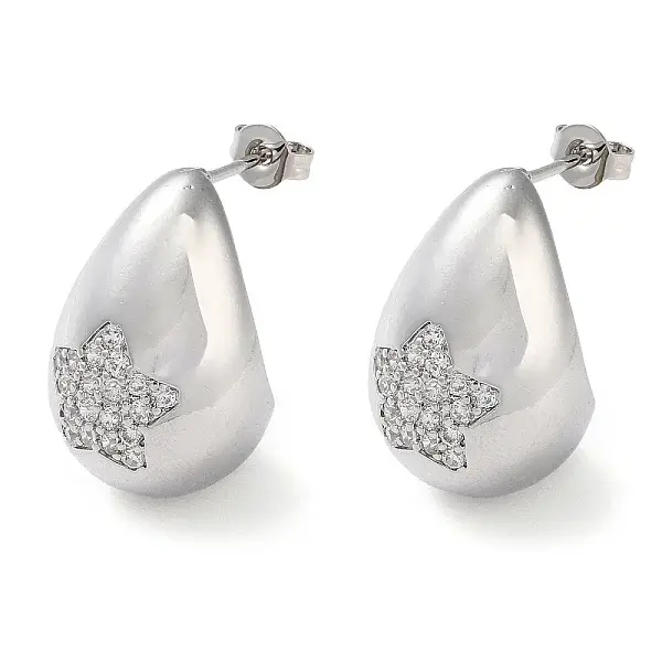 Teardrop with Star Brass Micro Pave Clear Cubic Zirconia Stud Earrings