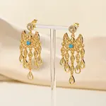 Golden Crescent Moon Tassel Brass Dangle Stud Earrings