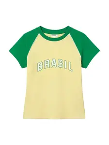 Pull&Bear Tričko 'BRASIL'  žltá / zelená / biela