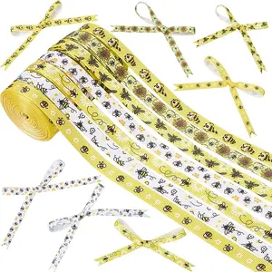 7 Rolls 7 Styles Polyester Bees Printed Grosgrain Ribbons Set