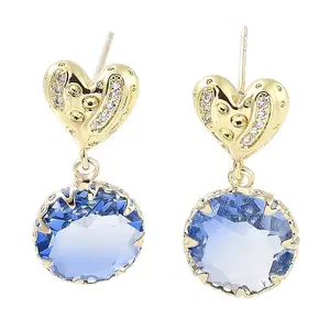 Heart Brass Micro Pave Cubic Zirconia Dangle Stud Earrings
