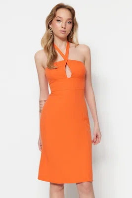 Trendyol Orange Woven Collar Detailed Midi Woven Dress