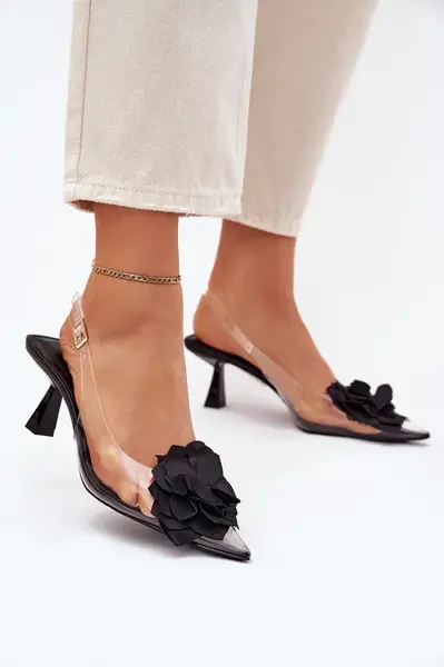 Boto Průhledné Sandály Na Podpatku S Ozdobným Květinou Černé Risalie