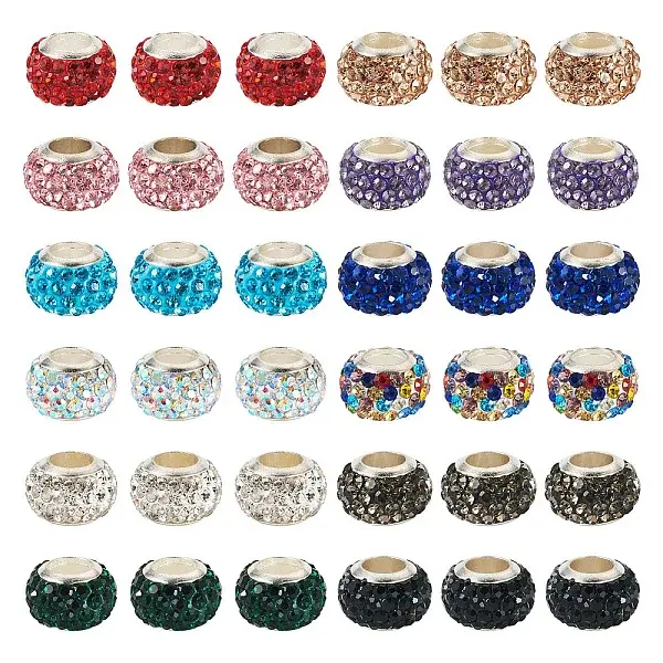 36Pcs 12 Colors Alloy Clay Pave Rhinestone European Beads