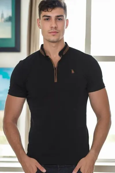 T9571 DEWBERRY MEN'S ZIPPERED T-SHIRT-BLACK
