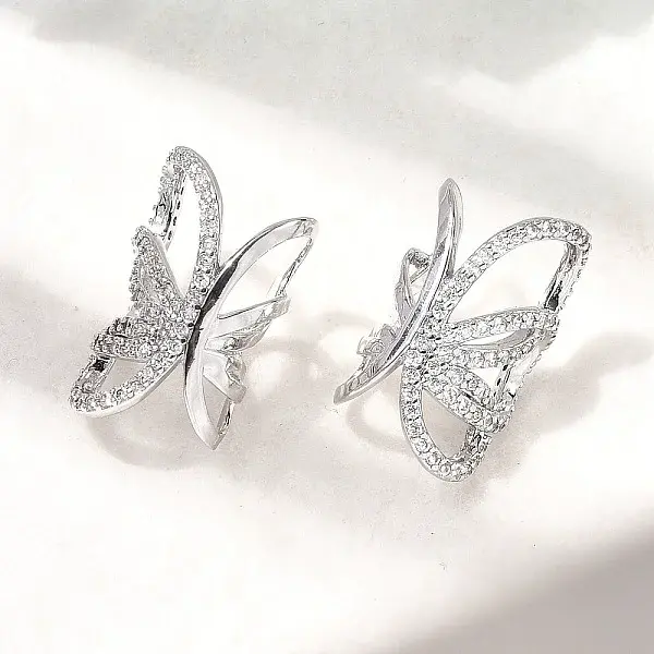 Brass Micro Pave Clear Cubic Zirconia Butterfly Cuff Earrings