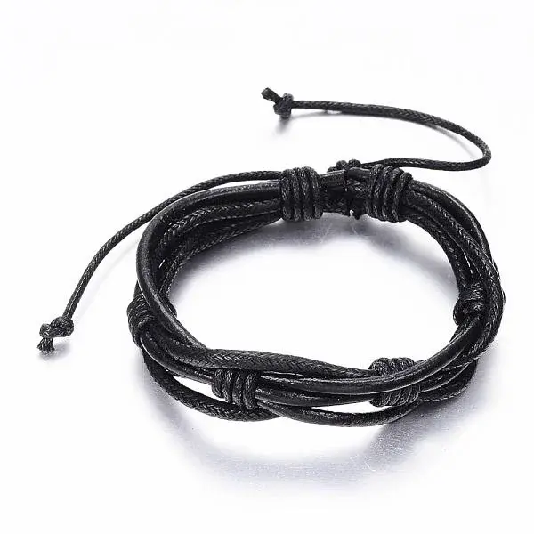Adjustable Braided Cowhide Leather and Waxed Cord Multi-Strand Bracelets