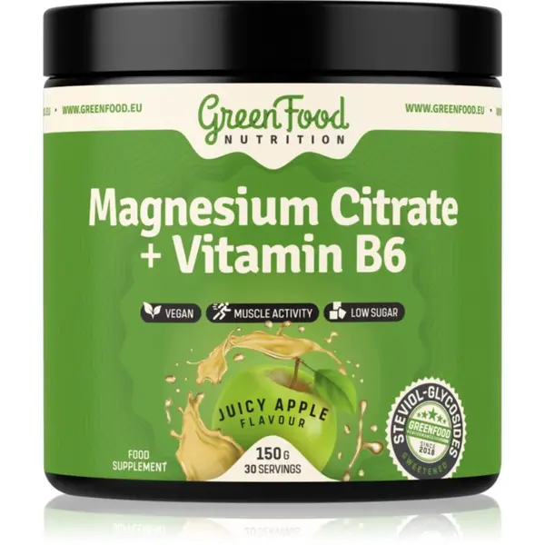 GreenFood Nutrition Magnesium Citrate + Vitamin B6 prášok na podporu normálnej činnosti nervovej sústavy, svalov, zubov a zníženie únavy príchuť Juicy