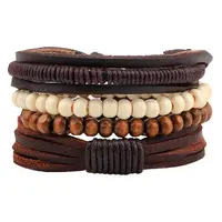 Adjustable Braided Leather Cord Wooden Beaded Multi-strand Bracelets