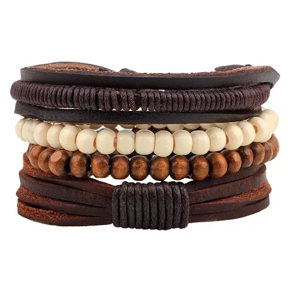 Adjustable Braided Leather Cord Wooden Beaded Multi-strand Bracelets