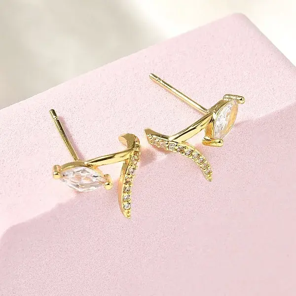Horse Eye Brass Micro Pave Clear Cubic Zirconia Stud Earrings