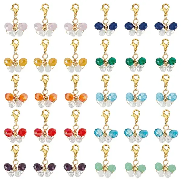 6 Sets Butterfly Copper Wire Wrapped Glass Pendant Decorations