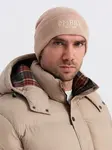 Ombre Men's knitted beanie cap with embroidered inscription - sand