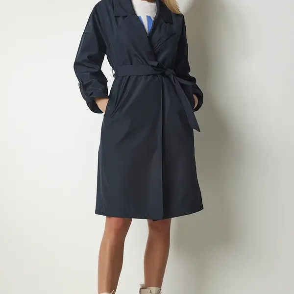 Happiness İstanbul Dámský námořnický modrý páskový sezónní trenčkot