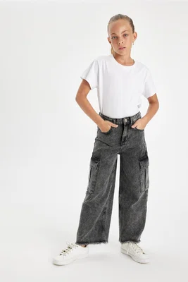 DEFACTO Girls Wide Leg Cargo Pocket Wide Leg Jeans