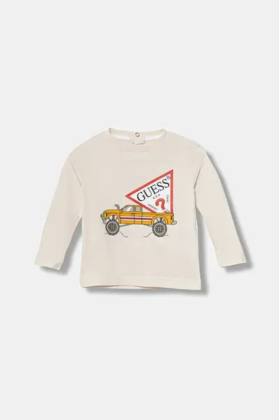 Dětské bavlněné tričko s dlouhým rukávem Guess béžová barva, s potiskem, I5BI01 I3Z14