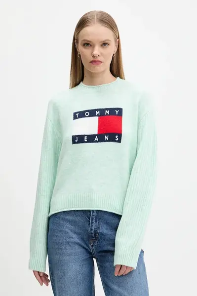 Svetr s příměsí vlny Tommy Jeans tyrkysová barva, DW0DW21782