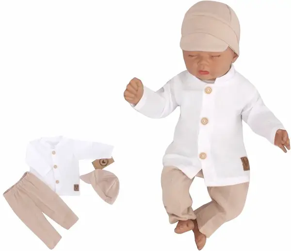Mušelínová košeľa, nohavice + čiapky, 3D sada, Boy, biela/piesková, veľ. 62