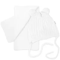 Zimná čiapka na zaväzovanie s brmbolcami + šál - biela, vel. 74/80