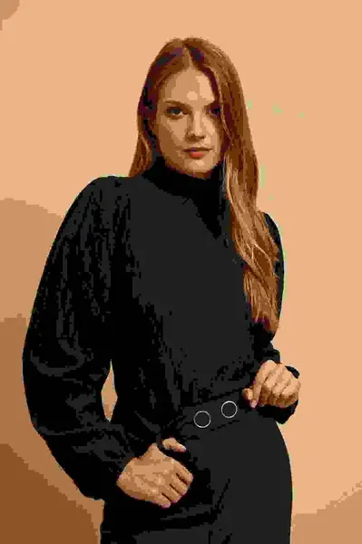 Marisse Black Turtleneck Blouse With Puffed Sleeves