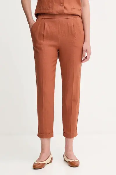 Lněné kalhoty United Colors of Benetton dámské, oranžová barva, high waist, 4AGHDF079