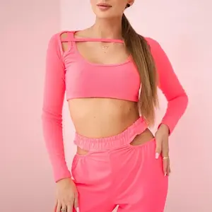 Komplet s top halenkou růžové neonové