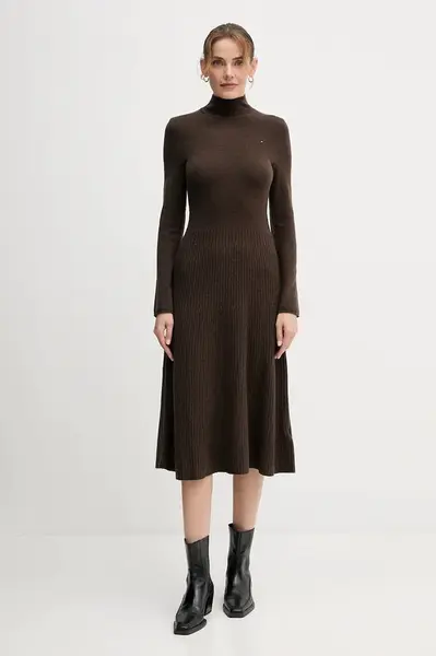 Vlněné šaty Tommy Hilfiger zelená barva, midi, WW0WW47303