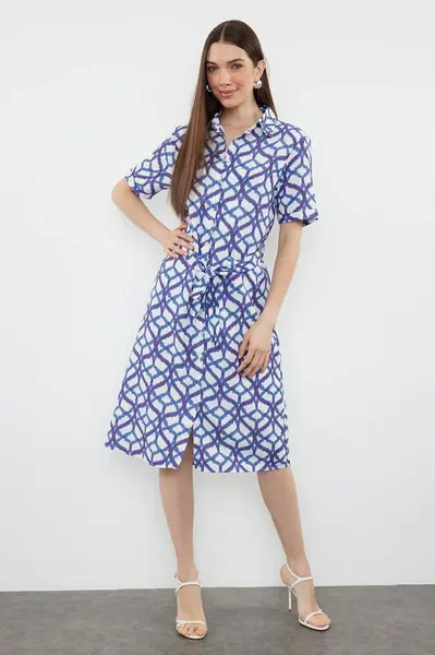 Trendyol Blue Belted Midi Woven Shirt Dress
