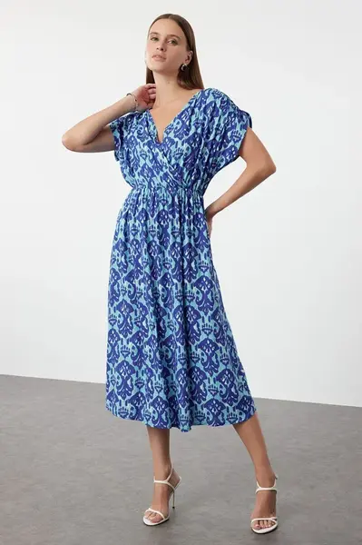 Trendyol Blue Printed A-Line Double Breasted Collar Woven Dress