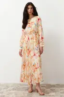 Trendyol Multi Color Floral Sash Detailed Lined Pleated Chiffon Woven Dress