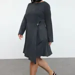 Trendyol Curve Anthracite Tweed Buckle Accessory Long Sleeve Woven Plus Size Dress