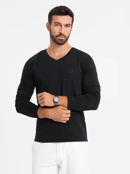 Ombre men's V-neck SLIM FIT ongsleeve with elastane and print - black
