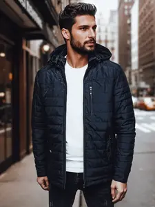 Pánská prošívaná bunda s kapucí, tmavě modrá